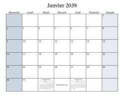 Calendrier Mensuel Remplissable de l'Année 2039 avec dimanche comme premier jour