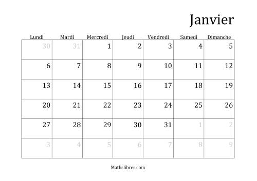Calendriers Spécifiques Mensuels (Année Civile) Avec le 1er Janvier sur Mercredi (A)