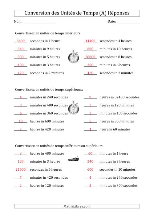Conversion entre Secondes, Minutes et Heures (Une ou Deux Étapes vers le haut ou vers le bas) (A) page 2