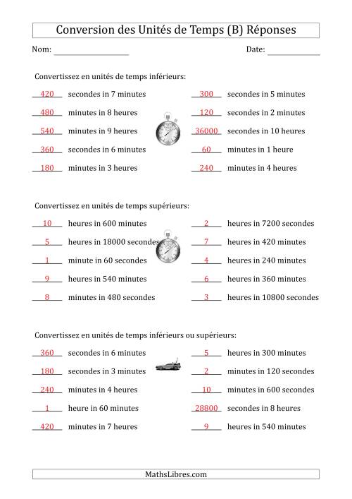 Conversion entre Secondes, Minutes et Heures (Une ou Deux Étapes vers le haut ou vers le bas) (B) page 2