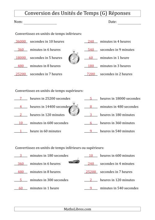 Conversion entre Secondes, Minutes et Heures (Une ou Deux Étapes vers le haut ou vers le bas) (G) page 2