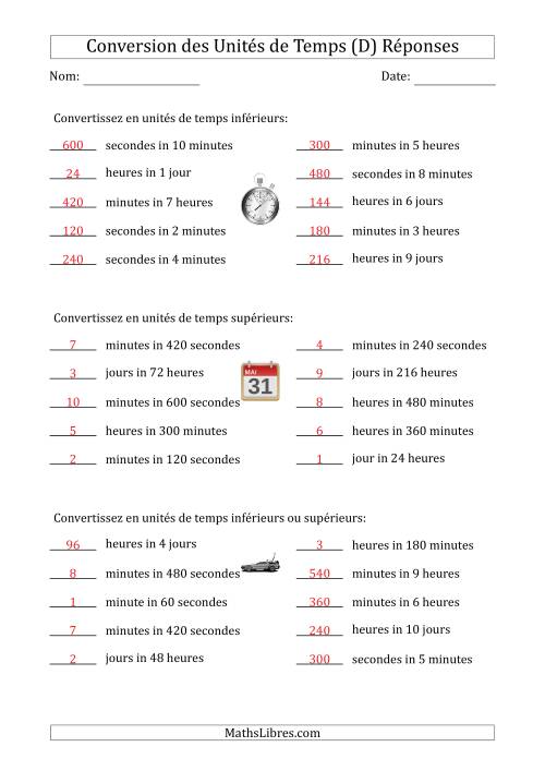 Conversion entre Secondes, Minutes, Heures et Jours (Une Étape Vers le Haut ou Vers le Bas) (D) page 2