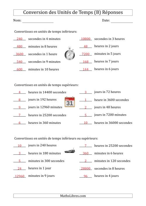 Conversion entre Secondes, Minutes, Heures et Jours (Une ou Deux Étapes Vers le Haut ou Vers le Bas) (B) page 2
