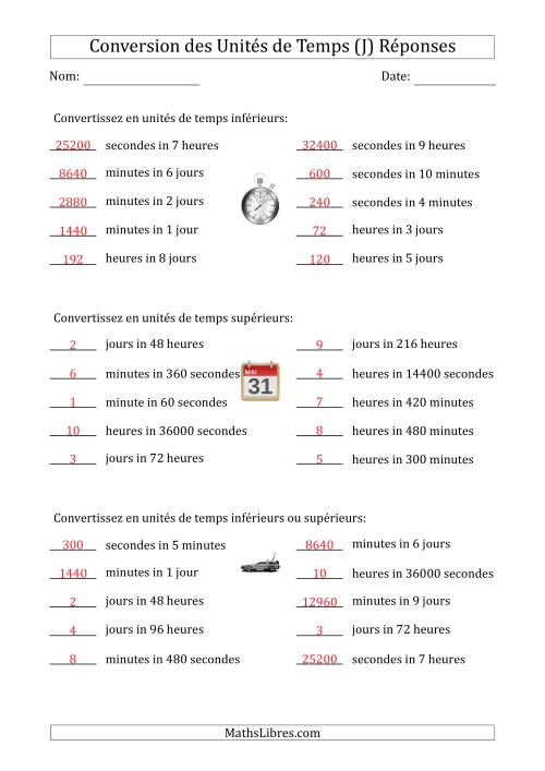 Conversion entre Secondes, Minutes, Heures et Jours (Une ou Deux Étapes Vers le Haut ou Vers le Bas) (J) page 2