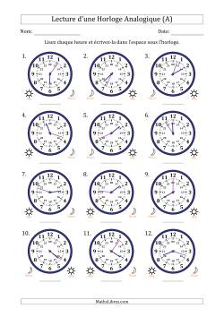 Lecture de l'Heure sur Une Horloge Analogique utilisant le système horaire sur 24 heures avec 1 Minutes d'Intervalle (12 Horloges)