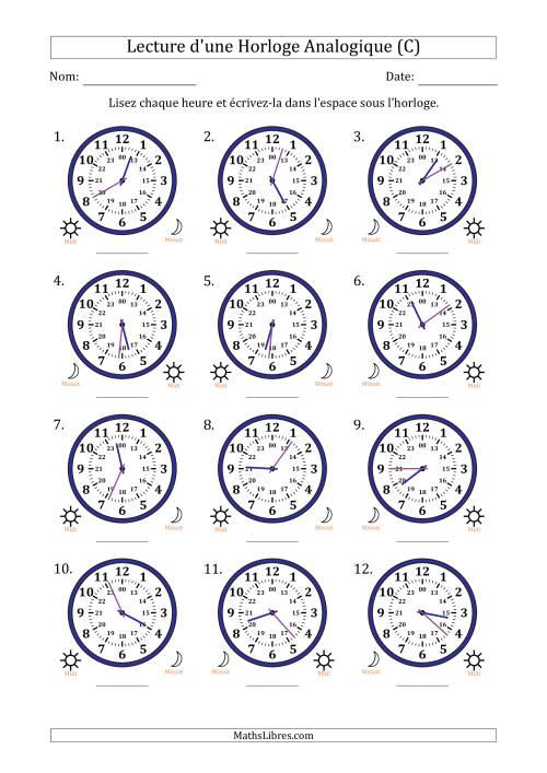 Lecture de l'Heure sur Une Horloge Analogique utilisant le système horaire sur 24 heures avec 1 Minutes d'Intervalle (12 Horloges) (C)