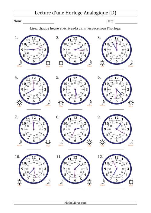 Lecture de l'Heure sur Une Horloge Analogique utilisant le système horaire sur 24 heures avec 1 Minutes d'Intervalle (12 Horloges) (D)