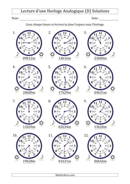 Lecture de l'Heure sur Une Horloge Analogique utilisant le système horaire sur 24 heures avec 1 Minutes d'Intervalle (12 Horloges) (D) page 2
