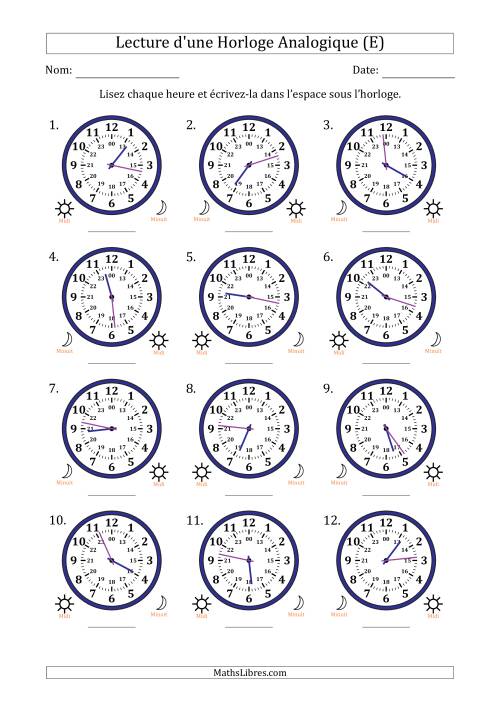 Lecture de l'Heure sur Une Horloge Analogique utilisant le système horaire sur 24 heures avec 1 Minutes d'Intervalle (12 Horloges) (E)