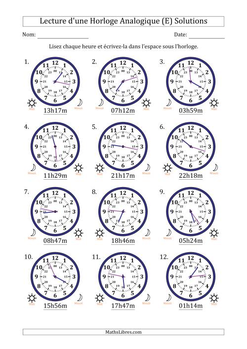 Lecture de l'Heure sur Une Horloge Analogique utilisant le système horaire sur 24 heures avec 1 Minutes d'Intervalle (12 Horloges) (E) page 2