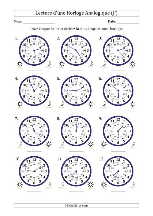 Lecture de l'Heure sur Une Horloge Analogique utilisant le système horaire sur 24 heures avec 1 Minutes d'Intervalle (12 Horloges) (F)