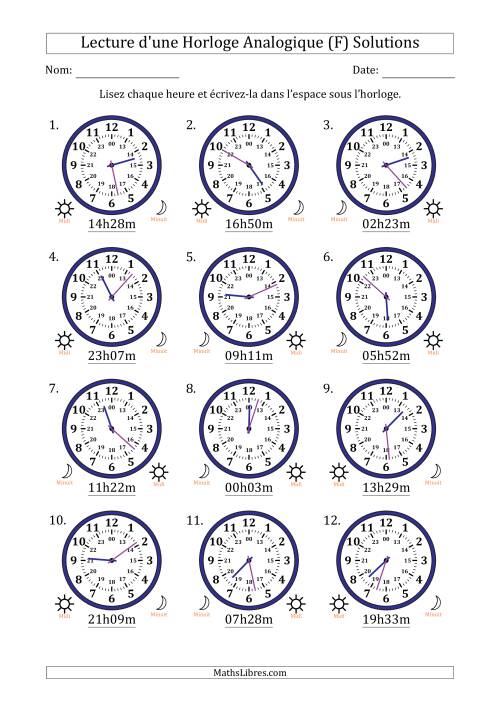 Lecture de l'Heure sur Une Horloge Analogique utilisant le système horaire sur 24 heures avec 1 Minutes d'Intervalle (12 Horloges) (F) page 2
