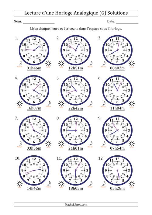 Lecture de l'Heure sur Une Horloge Analogique utilisant le système horaire sur 24 heures avec 1 Minutes d'Intervalle (12 Horloges) (G) page 2