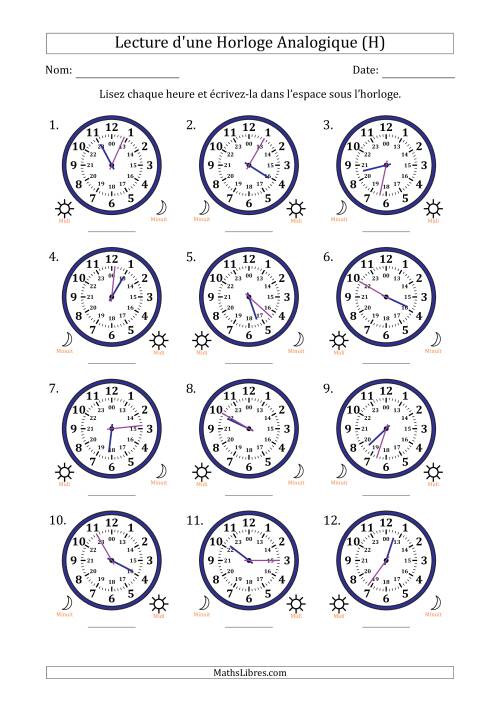 Lecture de l'Heure sur Une Horloge Analogique utilisant le système horaire sur 24 heures avec 1 Minutes d'Intervalle (12 Horloges) (H)