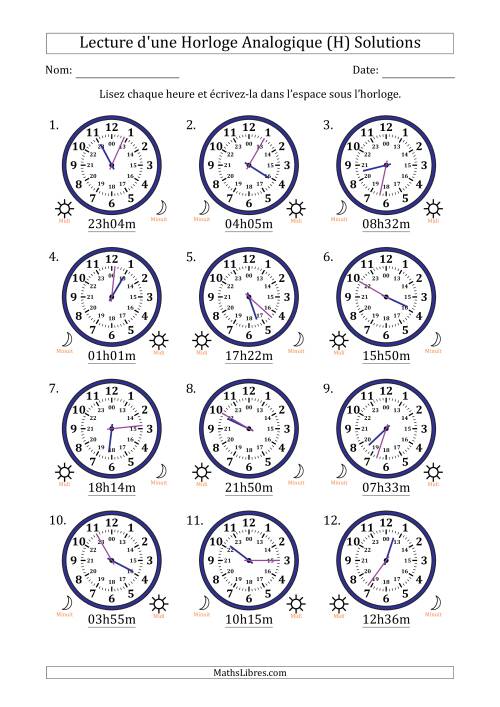 Lecture de l'Heure sur Une Horloge Analogique utilisant le système horaire sur 24 heures avec 1 Minutes d'Intervalle (12 Horloges) (H) page 2