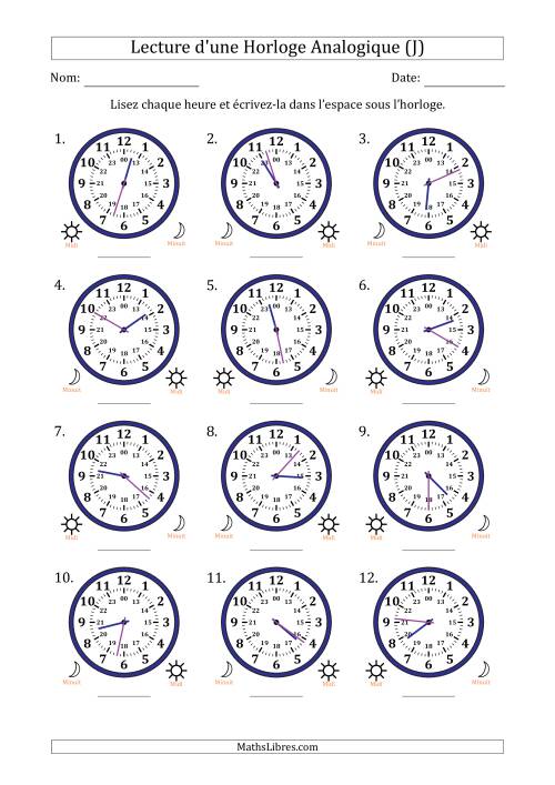 Lecture de l'Heure sur Une Horloge Analogique utilisant le système horaire sur 24 heures avec 1 Minutes d'Intervalle (12 Horloges) (J)