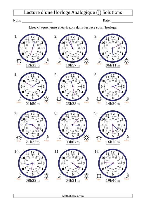 Lecture de l'Heure sur Une Horloge Analogique utilisant le système horaire sur 24 heures avec 1 Minutes d'Intervalle (12 Horloges) (J) page 2