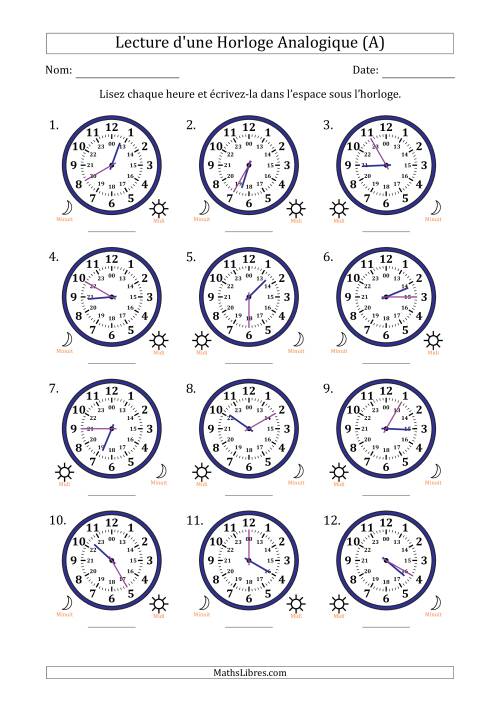 Lecture de l'Heure sur Une Horloge Analogique utilisant le système horaire sur 24 heures avec 5 Minutes d'Intervalle (12 Horloges) (A)
