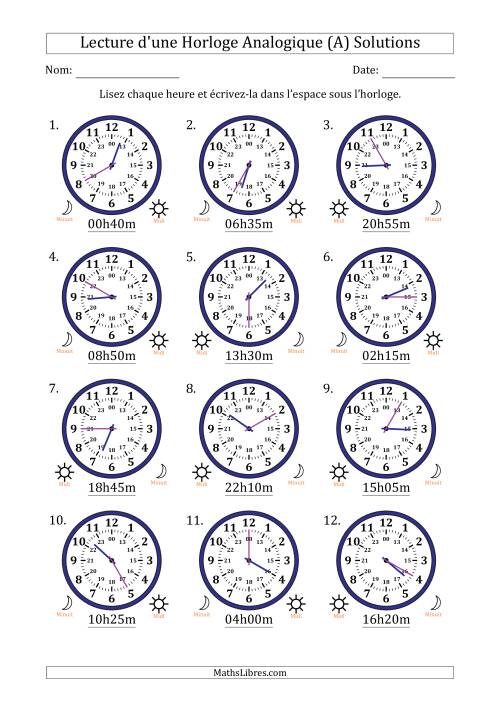 Lecture de l'Heure sur Une Horloge Analogique utilisant le système horaire sur 24 heures avec 5 Minutes d'Intervalle (12 Horloges) (A) page 2