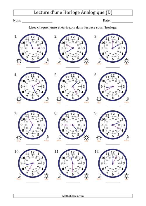 Lecture de l'Heure sur Une Horloge Analogique utilisant le système horaire sur 24 heures avec 5 Minutes d'Intervalle (12 Horloges) (D)