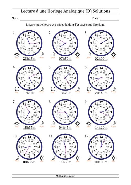 Lecture de l'Heure sur Une Horloge Analogique utilisant le système horaire sur 24 heures avec 5 Minutes d'Intervalle (12 Horloges) (D) page 2