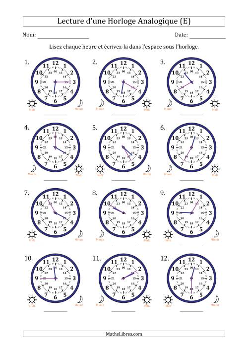 Lecture de l'Heure sur Une Horloge Analogique utilisant le système horaire sur 24 heures avec 5 Minutes d'Intervalle (12 Horloges) (E)