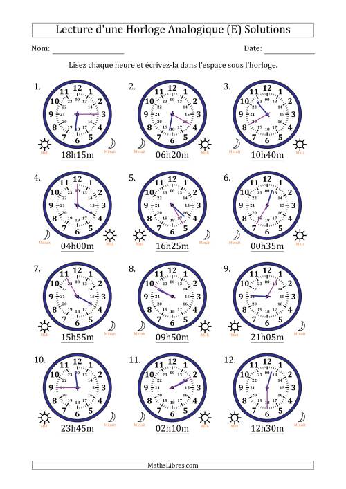 Lecture de l'Heure sur Une Horloge Analogique utilisant le système horaire sur 24 heures avec 5 Minutes d'Intervalle (12 Horloges) (E) page 2