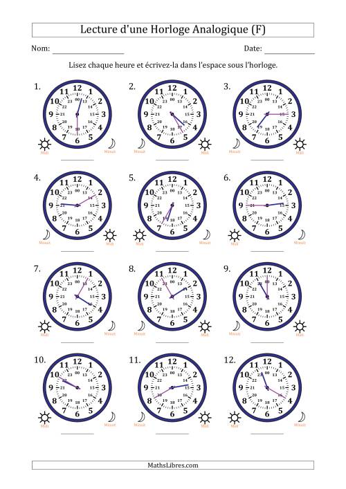 Lecture de l'Heure sur Une Horloge Analogique utilisant le système horaire sur 24 heures avec 5 Minutes d'Intervalle (12 Horloges) (F)