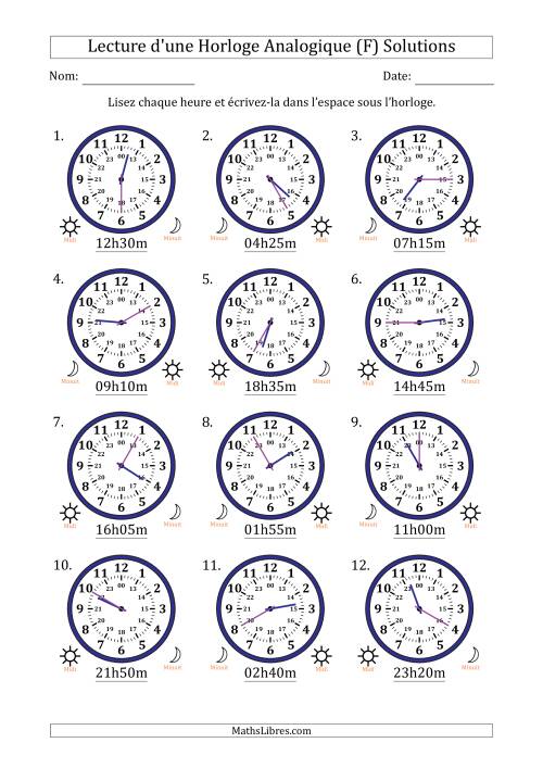 Lecture de l'Heure sur Une Horloge Analogique utilisant le système horaire sur 24 heures avec 5 Minutes d'Intervalle (12 Horloges) (F) page 2
