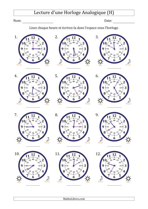Lecture de l'Heure sur Une Horloge Analogique utilisant le système horaire sur 24 heures avec 5 Minutes d'Intervalle (12 Horloges) (H)