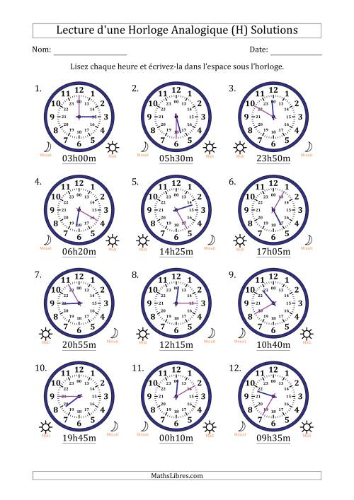 Lecture de l'Heure sur Une Horloge Analogique utilisant le système horaire sur 24 heures avec 5 Minutes d'Intervalle (12 Horloges) (H) page 2