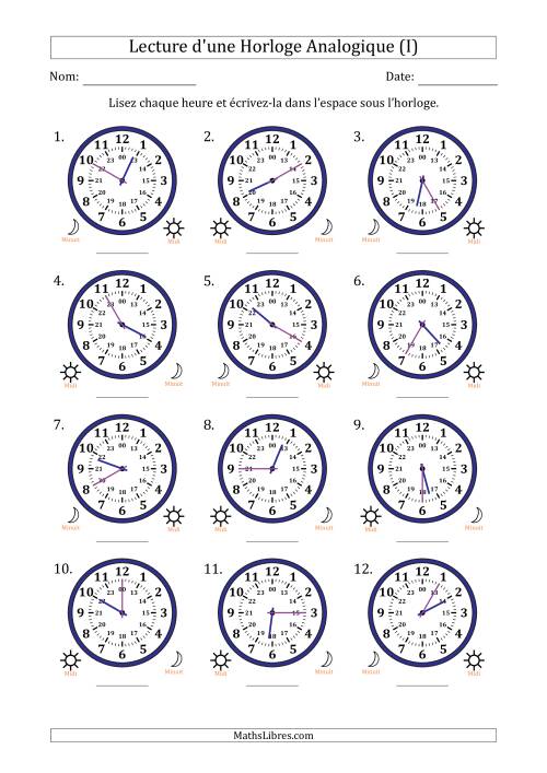 Lecture de l'Heure sur Une Horloge Analogique utilisant le système horaire sur 24 heures avec 5 Minutes d'Intervalle (12 Horloges) (I)
