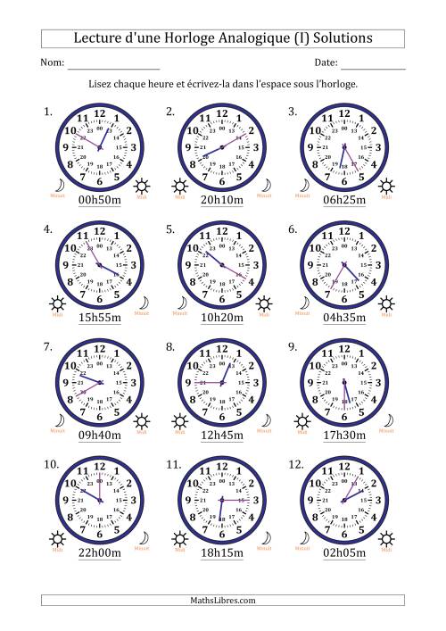 Lecture de l'Heure sur Une Horloge Analogique utilisant le système horaire sur 24 heures avec 5 Minutes d'Intervalle (12 Horloges) (I) page 2