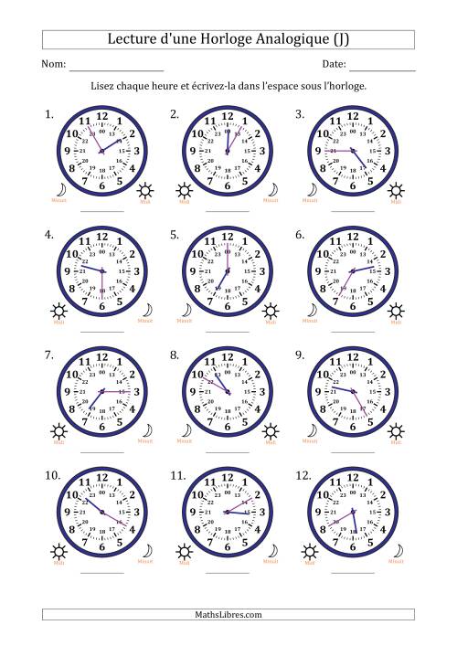 Lecture de l'Heure sur Une Horloge Analogique utilisant le système horaire sur 24 heures avec 5 Minutes d'Intervalle (12 Horloges) (J)