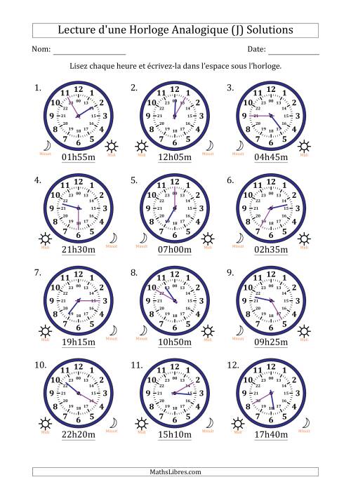 Lecture de l'Heure sur Une Horloge Analogique utilisant le système horaire sur 24 heures avec 5 Minutes d'Intervalle (12 Horloges) (J) page 2