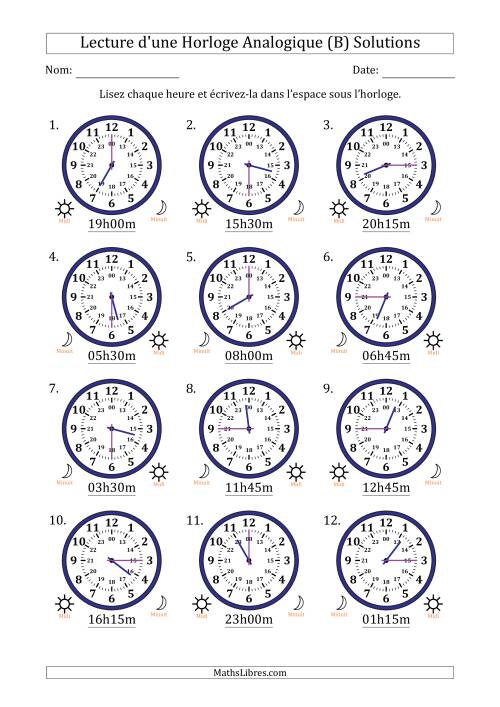 Lecture de l'Heure sur Une Horloge Analogique utilisant le système horaire sur 24 heures avec 15 Minutes d'Intervalle (12 Horloges) (B) page 2