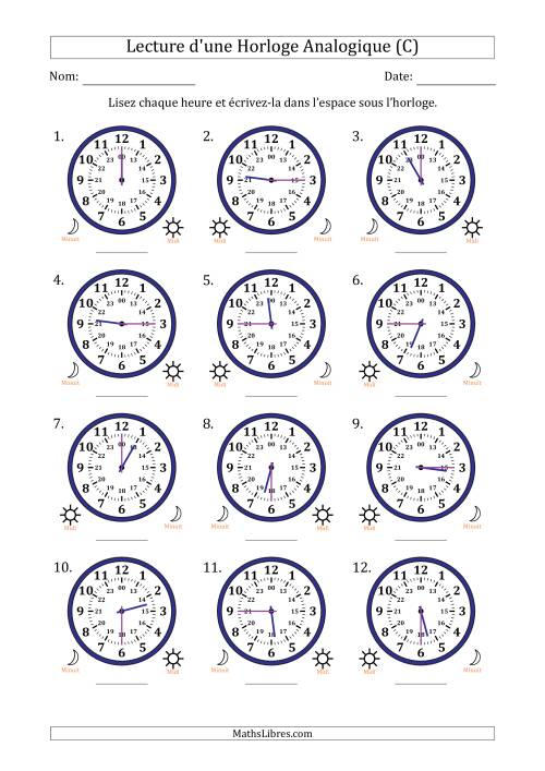 Lecture de l'Heure sur Une Horloge Analogique utilisant le système horaire sur 24 heures avec 15 Minutes d'Intervalle (12 Horloges) (C)