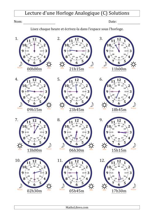 Lecture de l'Heure sur Une Horloge Analogique utilisant le système horaire sur 24 heures avec 15 Minutes d'Intervalle (12 Horloges) (C) page 2