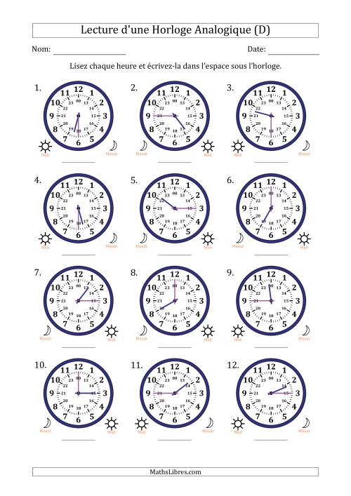 Lecture de l'Heure sur Une Horloge Analogique utilisant le système horaire sur 24 heures avec 15 Minutes d'Intervalle (12 Horloges) (D)