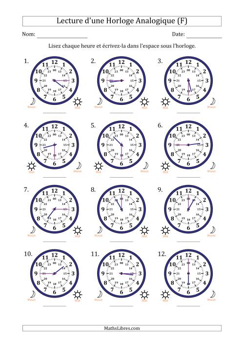 Lecture de l'Heure sur Une Horloge Analogique utilisant le système horaire sur 24 heures avec 15 Minutes d'Intervalle (12 Horloges) (F)