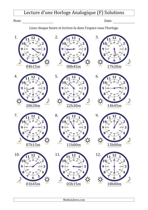 Lecture de l'Heure sur Une Horloge Analogique utilisant le système horaire sur 24 heures avec 15 Minutes d'Intervalle (12 Horloges) (F) page 2