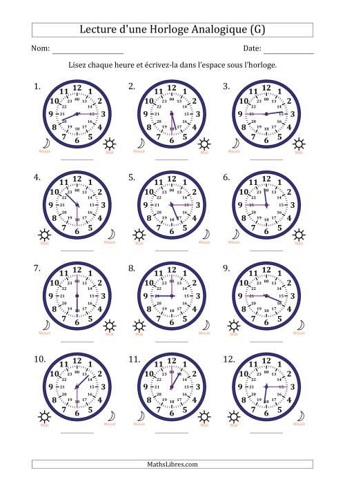 Lecture de l'Heure sur Une Horloge Analogique utilisant le système horaire sur 24 heures avec 15 Minutes d'Intervalle (12 Horloges) (G)