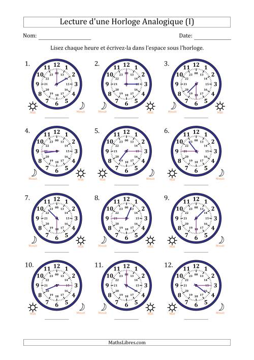 Lecture de l'Heure sur Une Horloge Analogique utilisant le système horaire sur 24 heures avec 15 Minutes d'Intervalle (12 Horloges) (I)