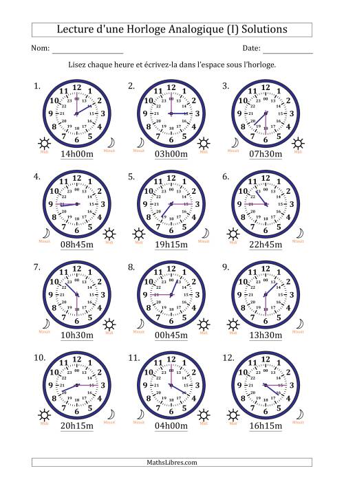 Lecture de l'Heure sur Une Horloge Analogique utilisant le système horaire sur 24 heures avec 15 Minutes d'Intervalle (12 Horloges) (I) page 2