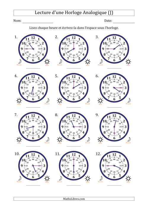 Lecture de l'Heure sur Une Horloge Analogique utilisant le système horaire sur 24 heures avec 15 Minutes d'Intervalle (12 Horloges) (J)