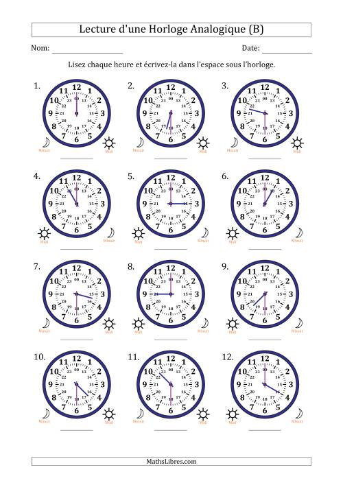 Lecture de l'Heure sur Une Horloge Analogique utilisant le système horaire sur 24 heures avec 30 Minutes d'Intervalle (12 Horloges) (B)