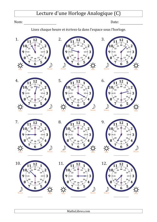 Lecture de l'Heure sur Une Horloge Analogique utilisant le système horaire sur 24 heures avec 30 Minutes d'Intervalle (12 Horloges) (C)