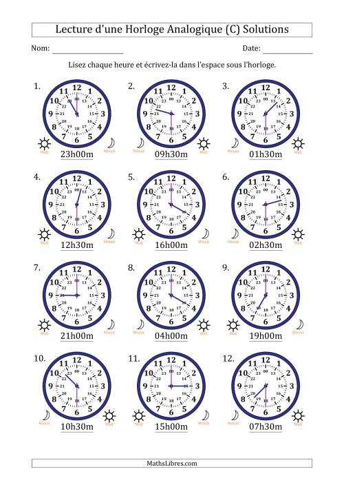 Lecture de l'Heure sur Une Horloge Analogique utilisant le système horaire sur 24 heures avec 30 Minutes d'Intervalle (12 Horloges) (C) page 2