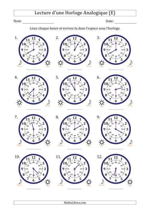 Lecture de l'Heure sur Une Horloge Analogique utilisant le système horaire sur 24 heures avec 30 Minutes d'Intervalle (12 Horloges) (E)