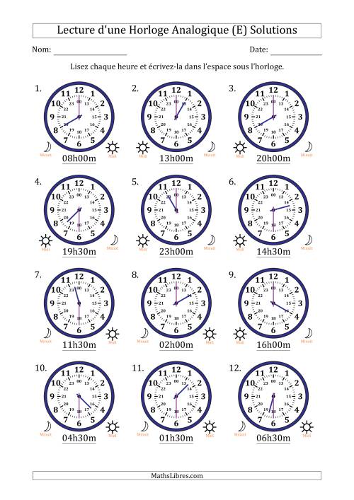Lecture de l'Heure sur Une Horloge Analogique utilisant le système horaire sur 24 heures avec 30 Minutes d'Intervalle (12 Horloges) (E) page 2